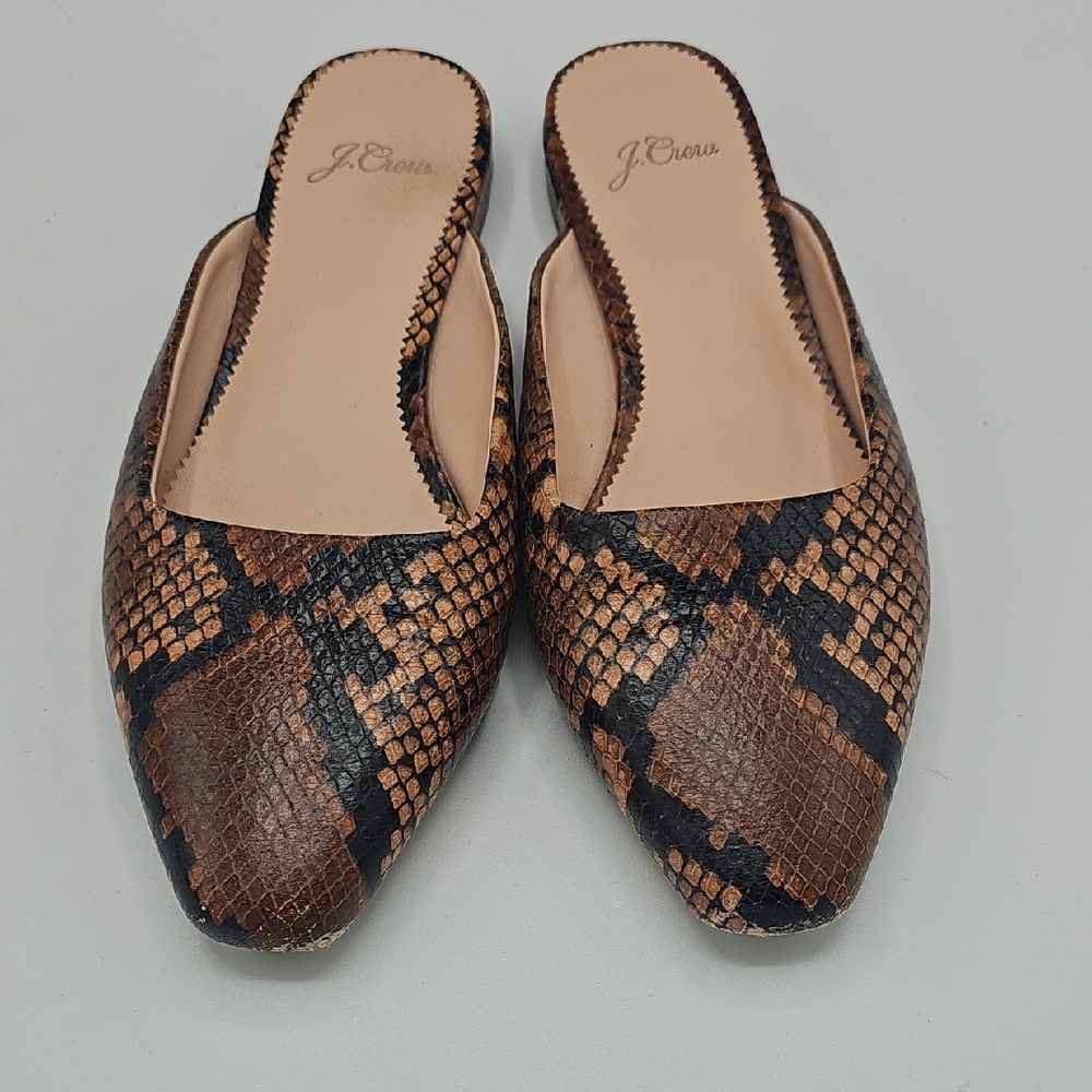 J. Crew Tan and Black Snake Pattern Mules